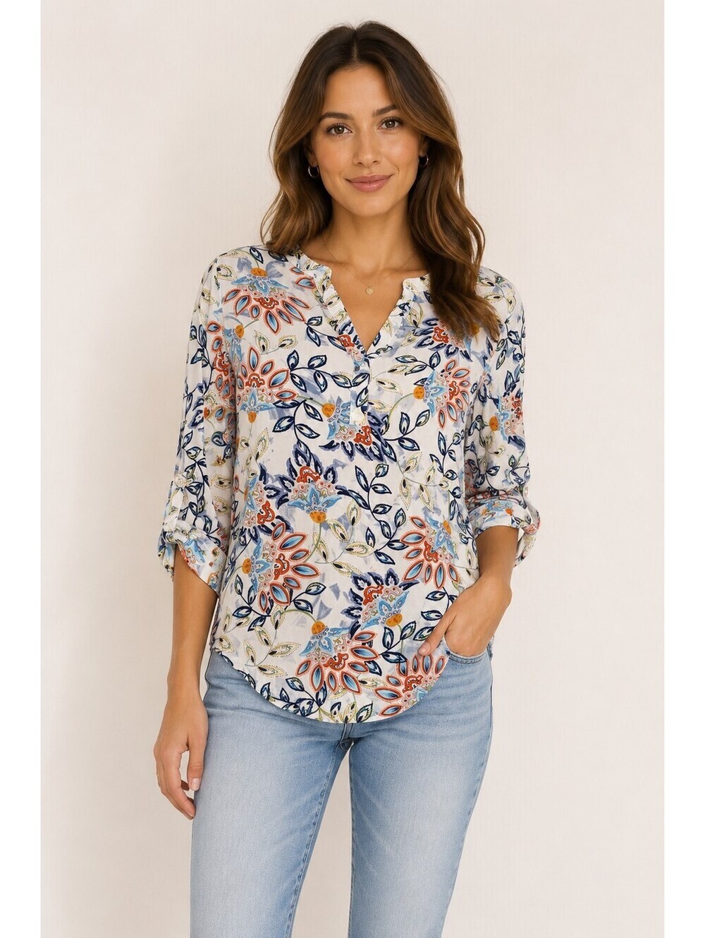 Daniel Rainn Floral Print 100% Rayon Roll Tab Sleeve Blouse Top Women's S Boho
